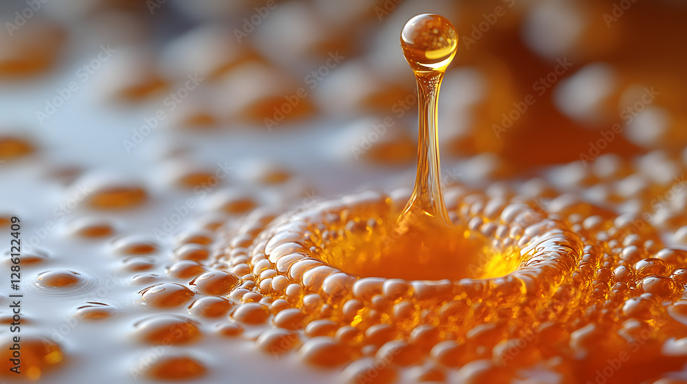 Poster golden liquid cascade: a captivating macro shot of a single drop of golden liquid as it plunges into