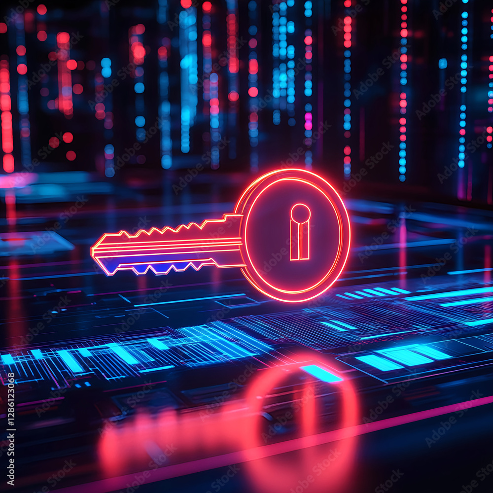 Poster unlocking digital security key symbolizing protection in cyber environment futuristic viewpoint