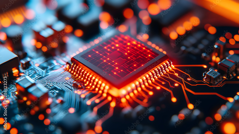 Poster tech circuitry: a close-up, photorealistic image showcases the intricate details of a cutting-edge c