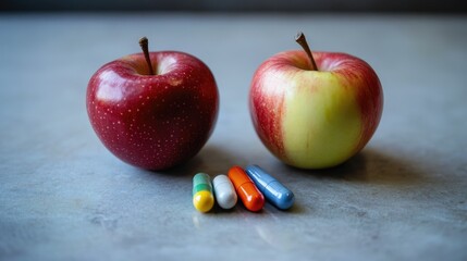 Visual Comparison of Nutritional Fruit and Pharmaceutical Pills: Exploring Health Benefits of Apples vs. Medication