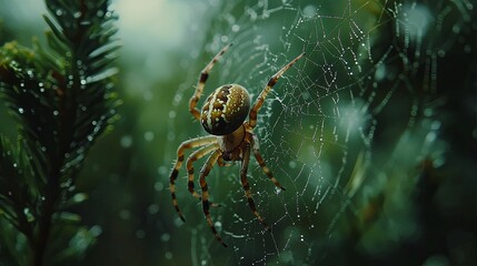 Orb Weaver Spider On Dew Covered Web