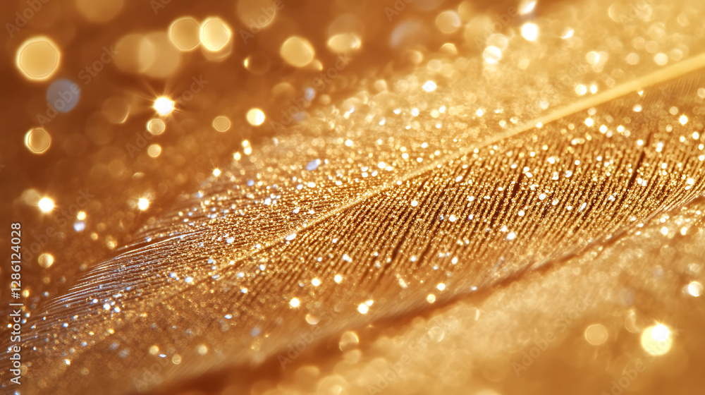 Poster golden feather in bokeh: a close-up view of a delicate golden feather with a soft bokeh background. 