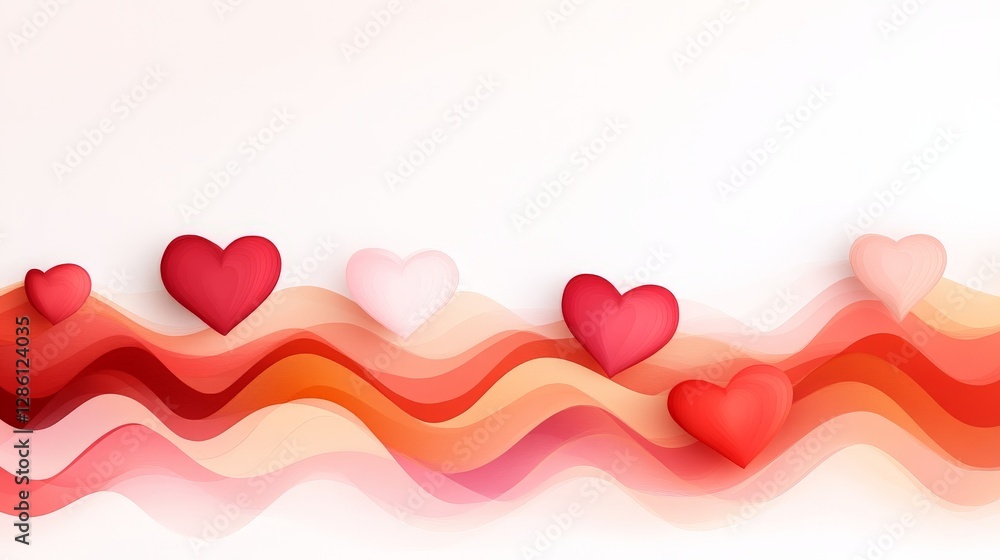Poster creative abstract wave pattern with floating red hearts on soft pastel background symbolizing love e