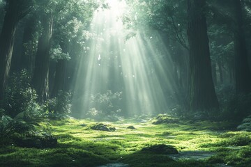 Obraz premium Sun rays filtering through a dense forest creating a mystical atmosphere