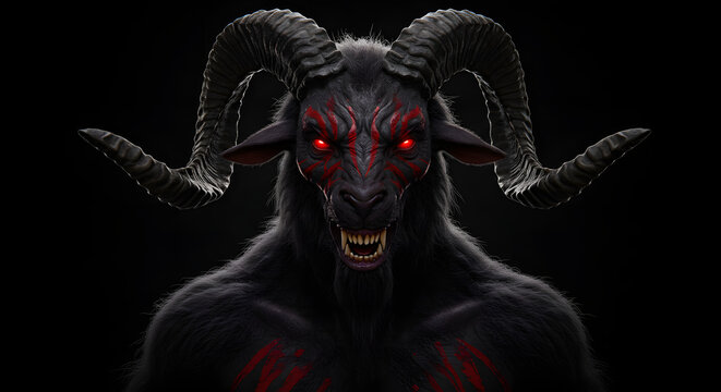 Menacing Goat Creature with Horns and Glowing Eyes on Dark Backdrop