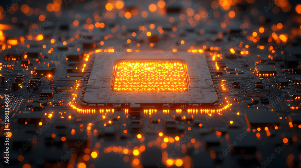 Poster illuminating the core: an abstract macro shot of a central processing unit, radiating energy with a 