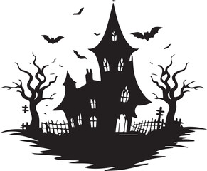 A black and white hunted halloween house silhouette design - scary house icon design