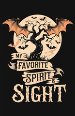 Eerie Halloween Night Bat-Winged Moon and Twisted Tree with Gothic ‘My Favourite Spirit is Sight’ Phrase.
