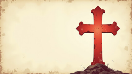 Christian cross on a mountain or hill with a rocky background.