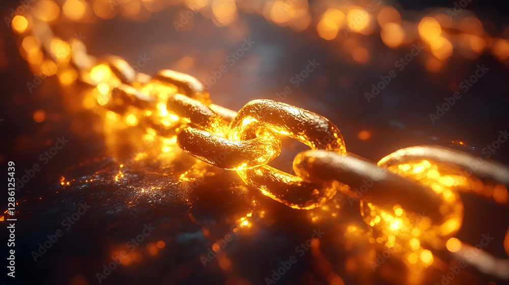 Poster golden chain: a close-up shot of a gleaming golden chain, its links interlocked, reflecting light in