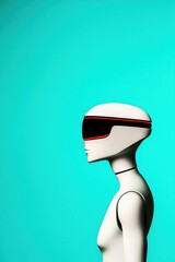 Futuristic robot profile with virtual reality headset on blue background