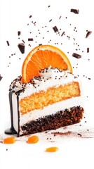Orange chocolate cake slice with whipped cream sprinkles