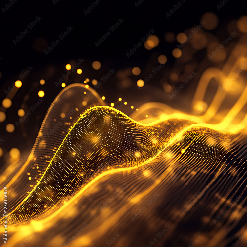 Poster dynamic golden waves of light digital art abstract background ethereal environment close-up view vis