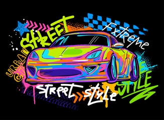 Urban style modern t-shirt  design with sport car. Sport extreme grunge  illustration for guys on black background. Graffiti words and street art
