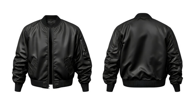 Black leather bomber jacket mockup, front and back view isolated, realistic outerwear template PNG for apparel design