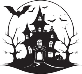 A black and white hunted halloween house silhouette design - scary house icon design