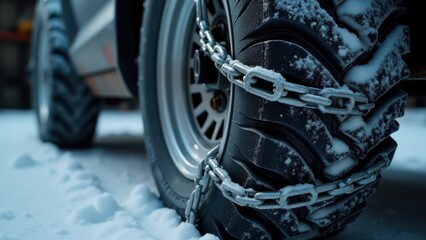 Snow chains, Close-up of snow chains on a rugged tire under artificial garage light hyper-realistic textures frosty atmosphere