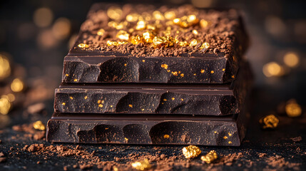 Stacked Chocolate Delight: An inviting image of a stack of rich, dark chocolate bars, embellished with flecks of gold, creating a sensory experience of indulgence.