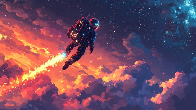 A pixel hero gliding over neon clouds with a futuristic jetpack
