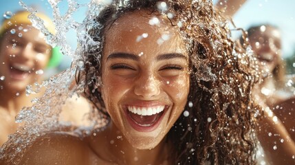 Fototapeta premium A joyful woman enjoying a splash of water with friends in a sunny pool, capturing the essence of summer fun and carefree happiness in a vibrant atmosphere.
