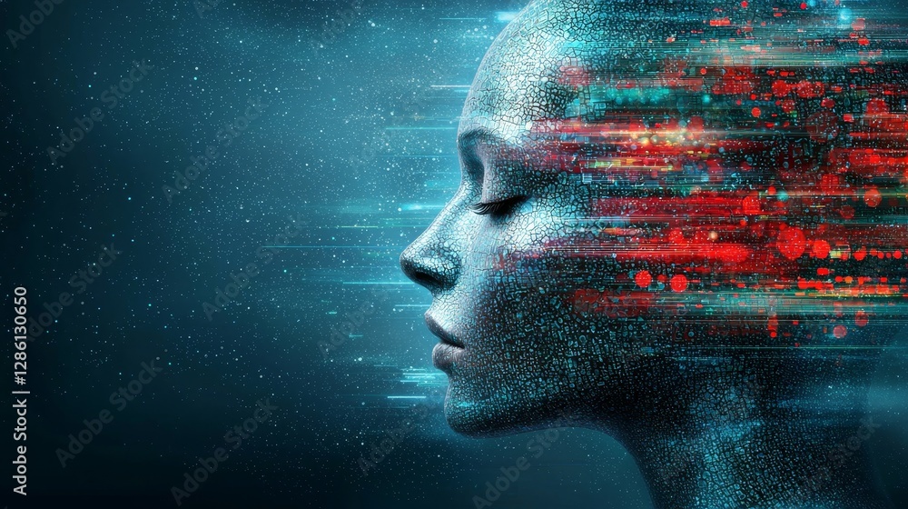 Poster the image presents a robust ai head, featuring a neural network brain, hanging over a virtual digita