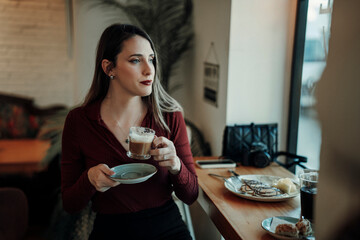 Chica joven con pelo largo tomando café y tortitas en cafetería estilo cozy