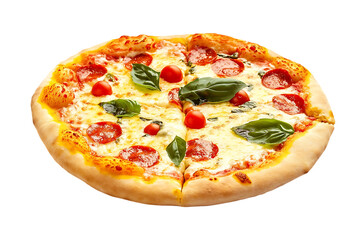 Delicious pepperoni pizza with cheese, tomato, and basil.
