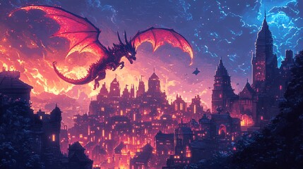 A pixel dragon flying over neon castles with glowing treasures