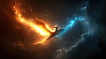 Fototapeta premium A cosmic phoenix soaring through a galaxy of swirling nebulas, fantasy and sci-fi mix, vibrant colors, watercolor style, breathtakingly imaginative.
