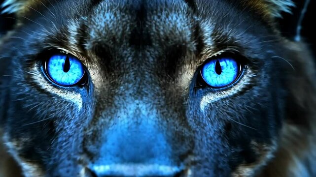 Striking close-up of a black panther with intense blue eyes in a dark forest setting during twilight hours