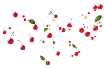 Red and white cherries falling on black background.
