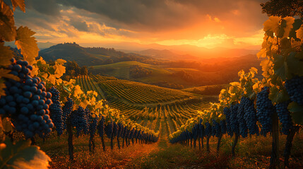 Vineyard at Sunset: Breathtaking panoramic vista of a vineyard at sunset, with rows of grapevines bathed in golden light, creating a sense of tranquility. 