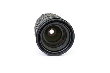 Black plastic photography wide angle camera lens isolated on white background