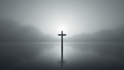 Naklejka premium A solemn cross stands tall against a cloudy sky at sea.