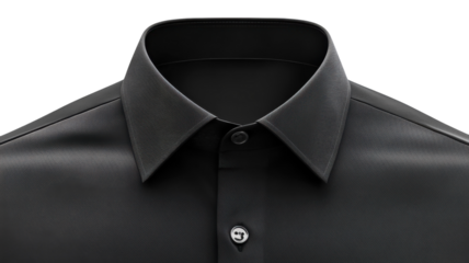 Stylish black short-sleeve shirt displayed with a crisp collar and button detail in a minimalist setting