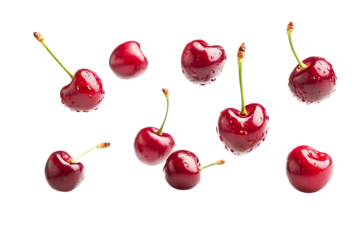 Juicy red cherries falling on black background. (1)