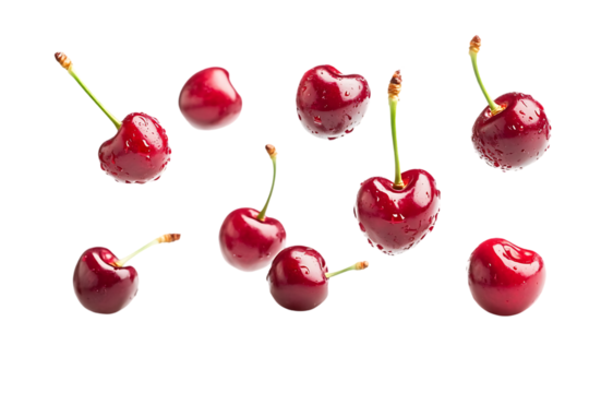 Juicy red cherries falling on black background. (1)