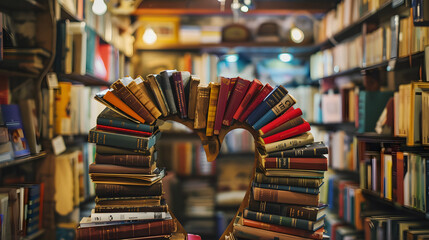 An ancient bookstore, the vast number of books forms an arch to the heart, symbolizing endless reading and adventure
