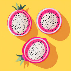 Fruits showcase dragon fruit slices bright yellow background digital illustration creative concept