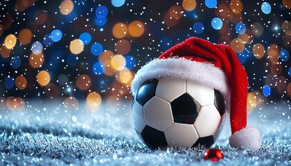 Soccer ball wearing a Santa hat in a festive winter setting with sparkling background