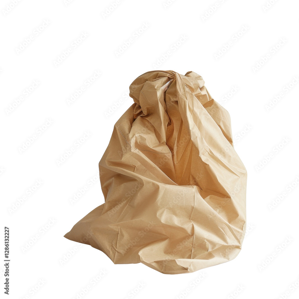 Poster crumpled brown paper bag with twisted top, creating abstract shape. texture and folds give it unique