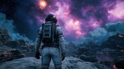 Naklejka premium A cosmic traveler standing on an asteroid overlooking a galaxy filled with glowing nebulas, sci-fi art, cool tones, highly detailed and immersive. , closes up
