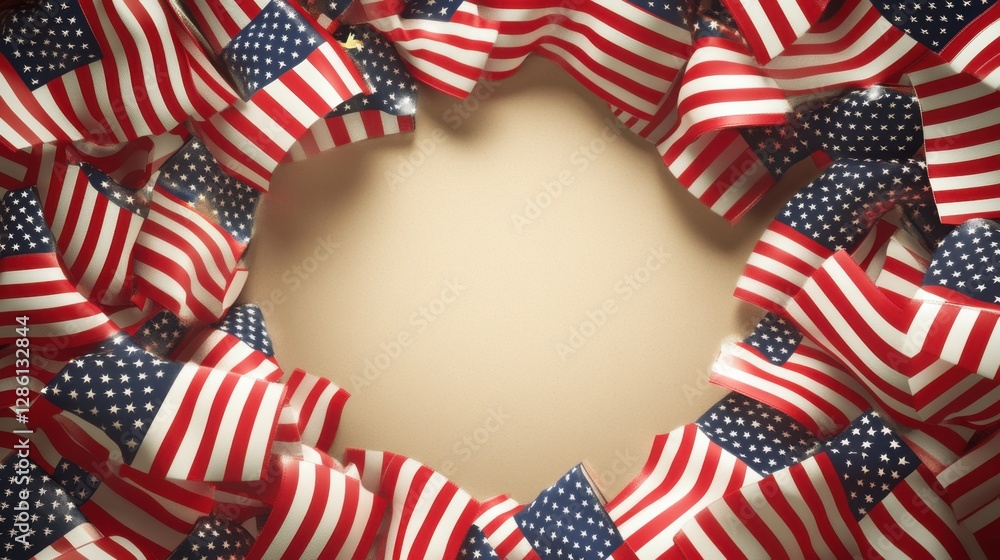 Poster centered empty circle surrounded by miniature american flags and soft shadows for a labor day design