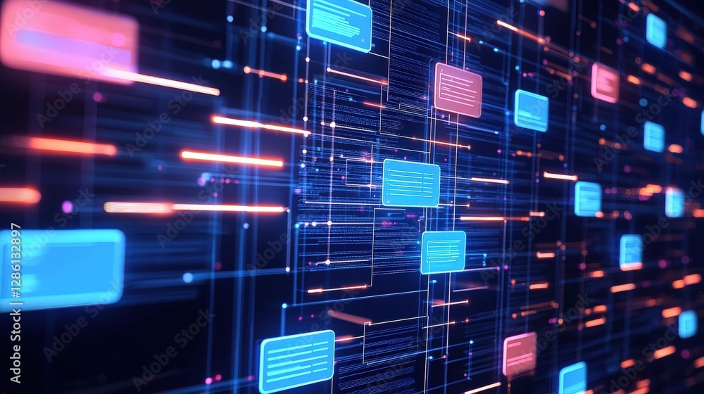 Poster abstract network grid with files and folders, futuristic software interface, digital document manage