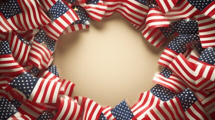 Obraz premium Centered empty circle surrounded by miniature American flags and soft shadows for a Labor Day design.