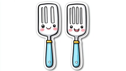 Playful Cartoon Happy Spatulas with Smiling Faces and Blue Handles