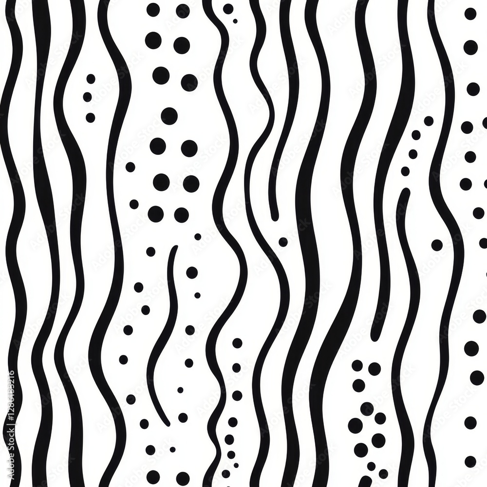 Poster an abstract pattern with smooth, irregular lines and small circles, seamlessly repeating in monochro