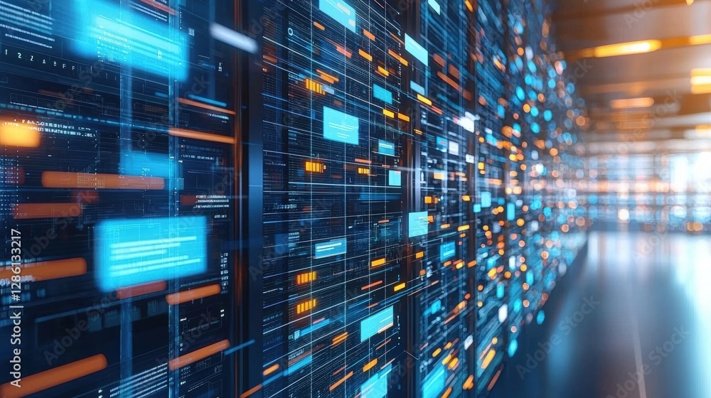 Poster abstract network grid with files and folders, futuristic software interface, digital document manage