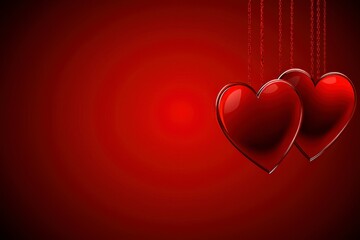 Two Shiny Red Hearts Hanging Against a Deep Red Background