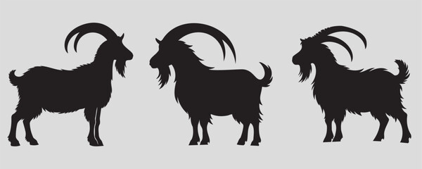 A set of three goat silhouettes in different poses, featuring curved horns and distinct body shapes. Perfect for farm, agriculture, wildlife, and graphic design projects